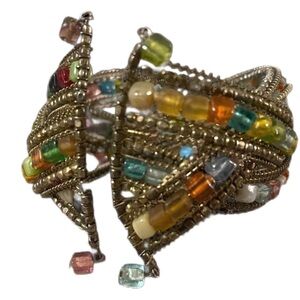 Multi Colored Beaded Cuff Bracelet Retro 90s Bohemian silver fash jewelry
